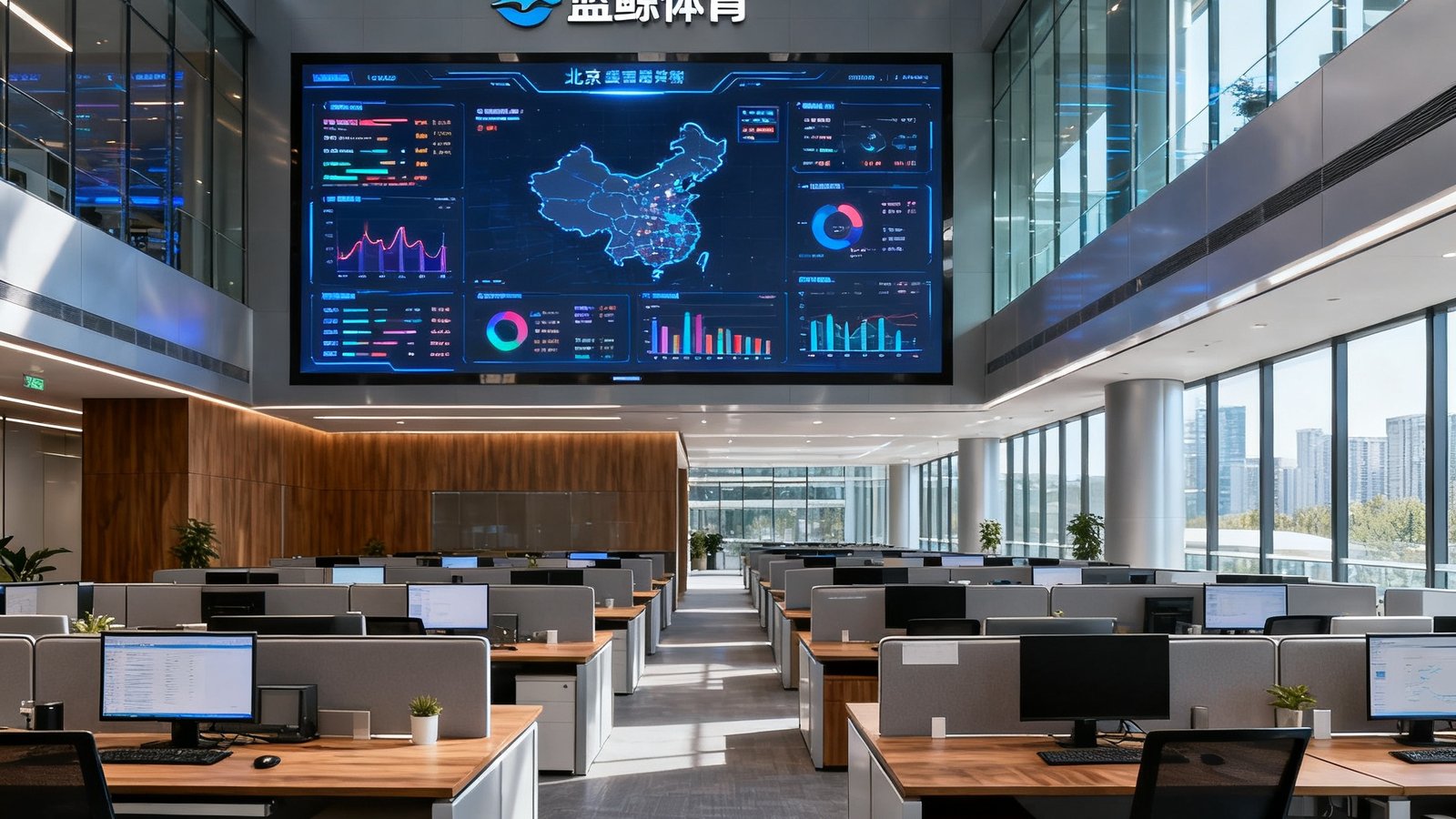 蓝鲸体育位于北京望京SOHO的现代化办公环境，开放式工位区域与大屏幕实时数据监控墙